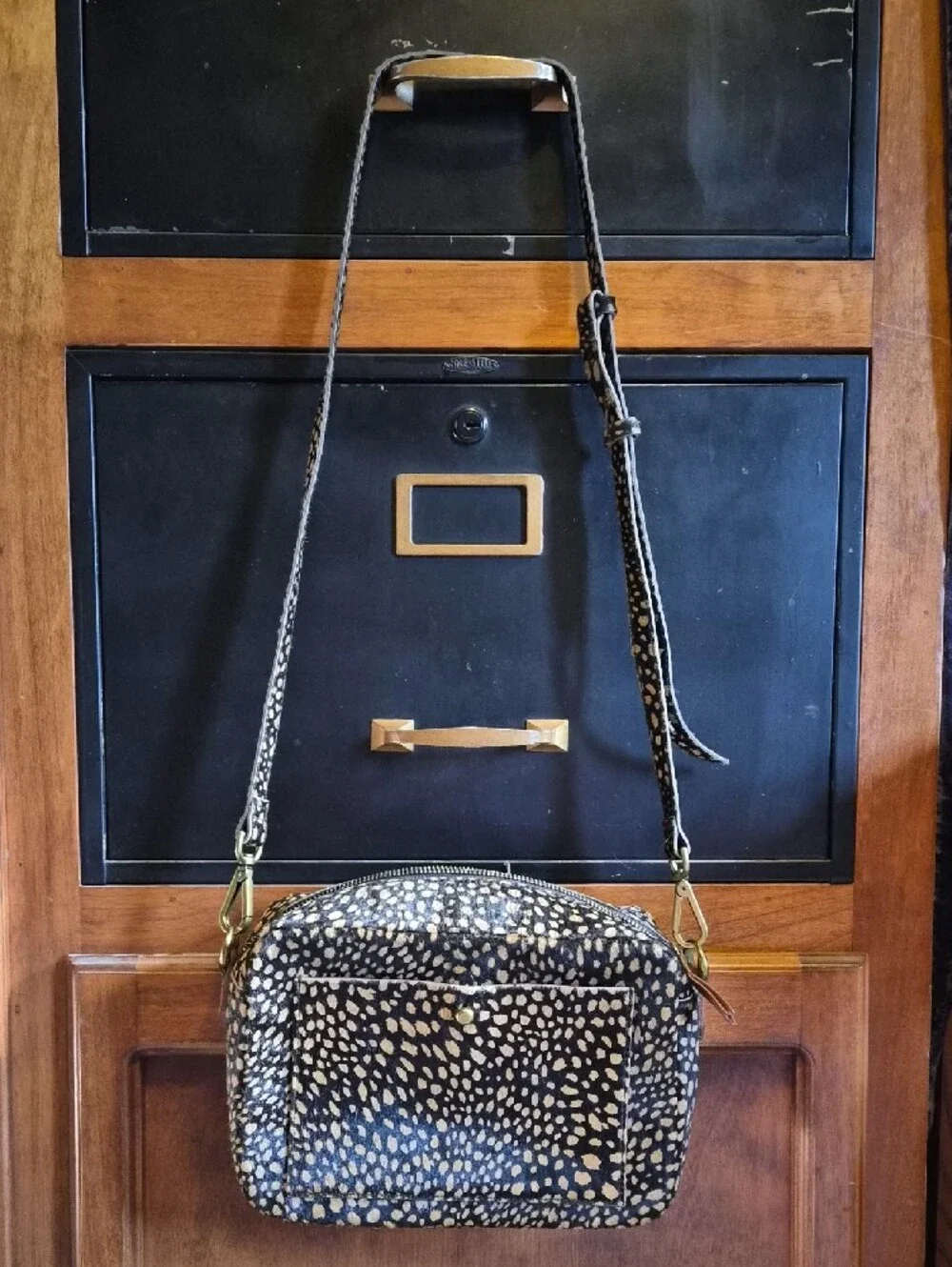 NWOT Madewell Black and Cream Spotted Calf hair Crossbody Camera Bag